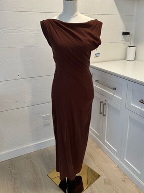 Petal + Pup Brown Midi Linen Dress Draped Neck Bodycon Side Zip XS